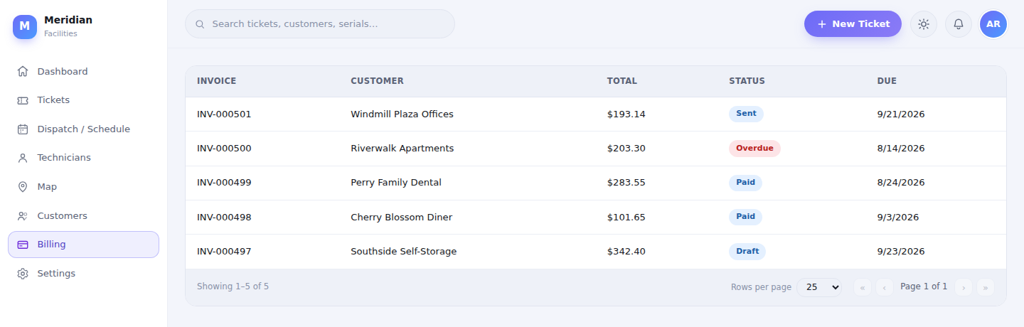 RunSheets' billing view, listing invoices with their customer, total, status, and due date